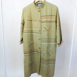 VINTAGE Green Linen Embroidered Long Coat Cotton Jacket Boho Artisan Size-Medium